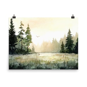 Sunrise Forest Wall Art Pine Tree Watercolor Painting Print Large ...