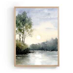 Sunset lake art prints abstract landscape painting forest lake watercolor painting light blue beige wall art minimalist art home decor