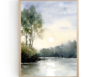 Imágenes de acuarela de lago del bosque, imágenes de pintura de puesta de sol de paisaje, póster de pared grande para sala de estar, arte abstracto XXL azul claro y beige