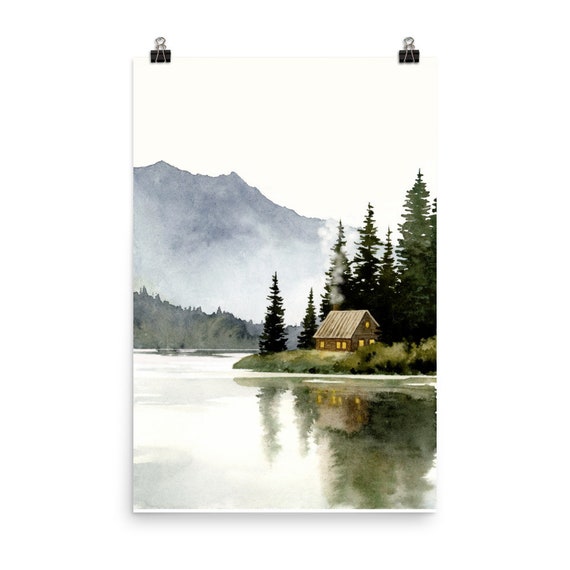 山小屋の絵、森の湖の水彩画、抽象的な風景画、アートプリントの写真
