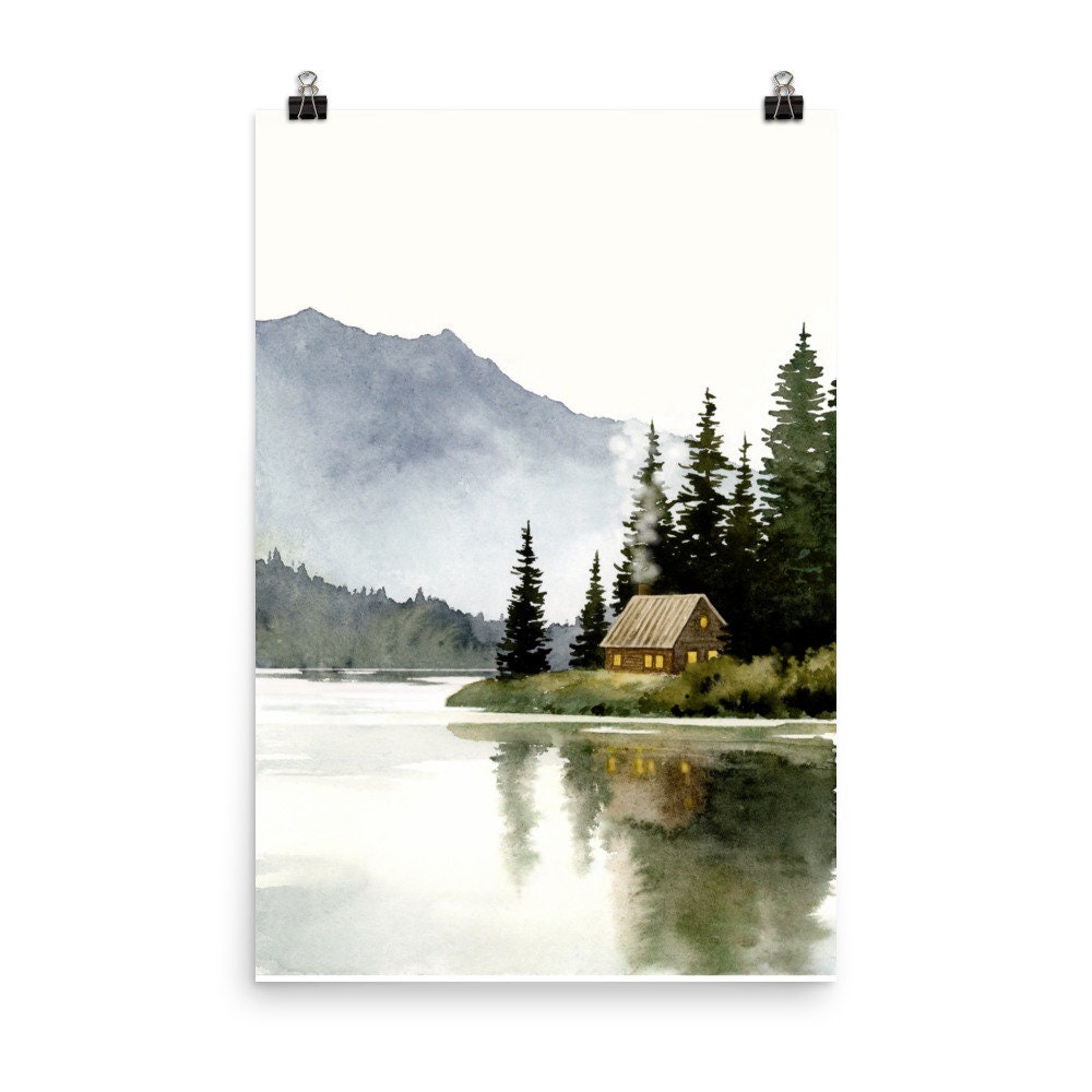 山小屋の絵、森の湖の水彩画、抽象的な風景画、アートプリントの写真