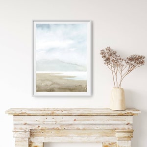 Sea Landscape watercolor painting sea coast wall art coastal home decor light blue beige fine art print minimalist wall art image 5