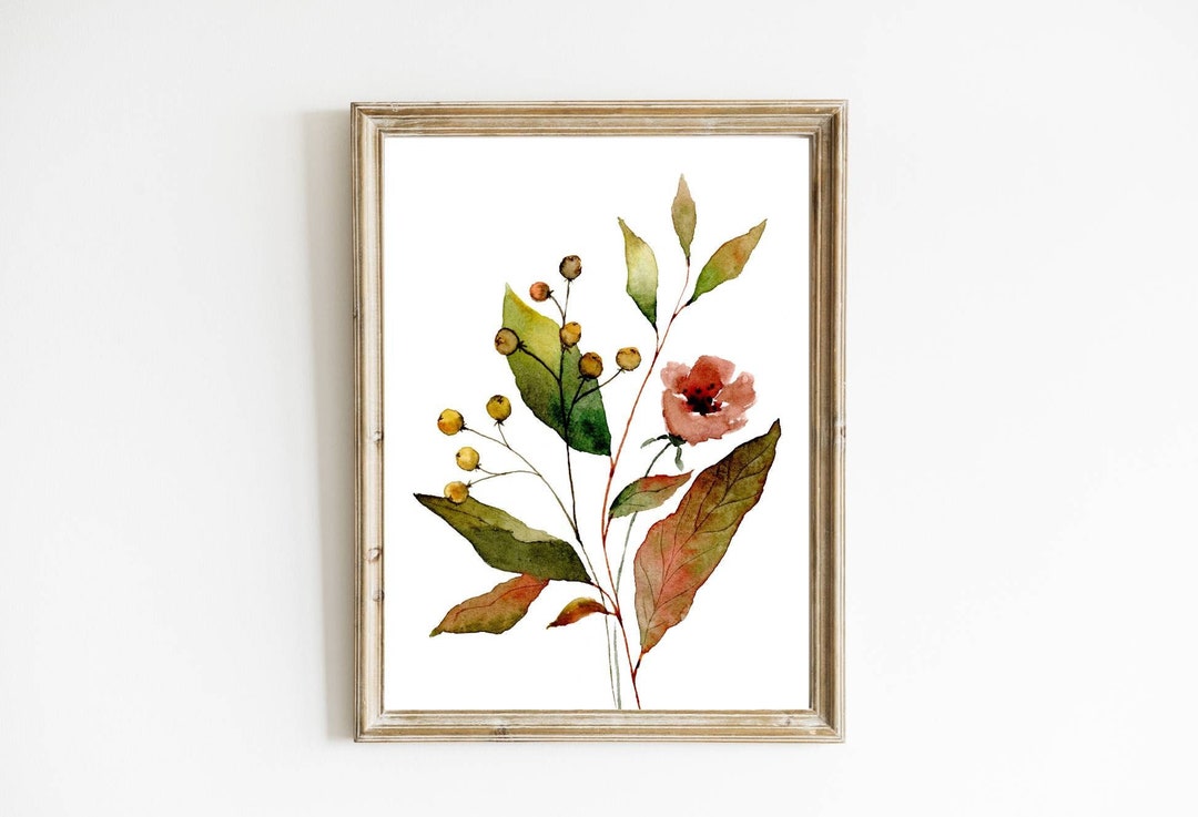 Large Floral Wall Art Red Green Flowers and Leaves Watercolor Print ...