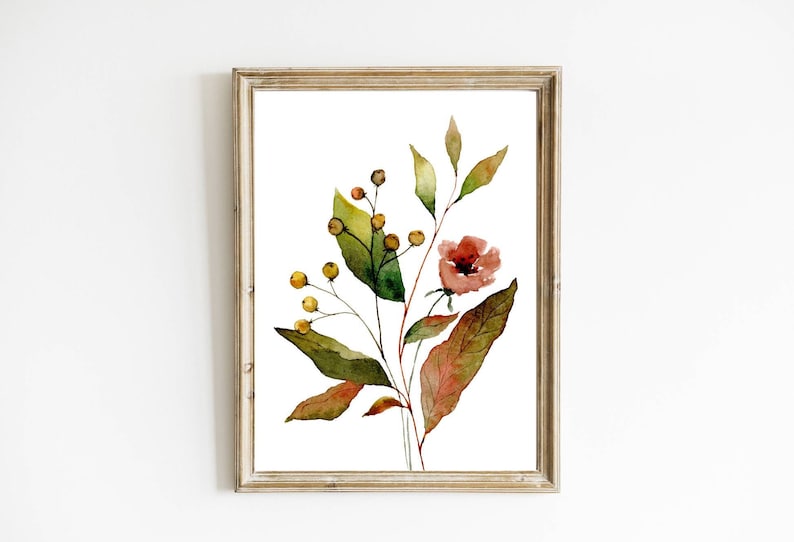 Large Floral Wall Art Red Green Flowers and Leaves Watercolor Print ...