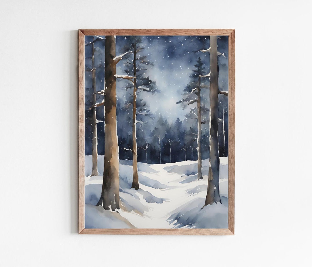 Night Sky Forest Road Painting Snow Pine Tree Watercolor Art Print ...
