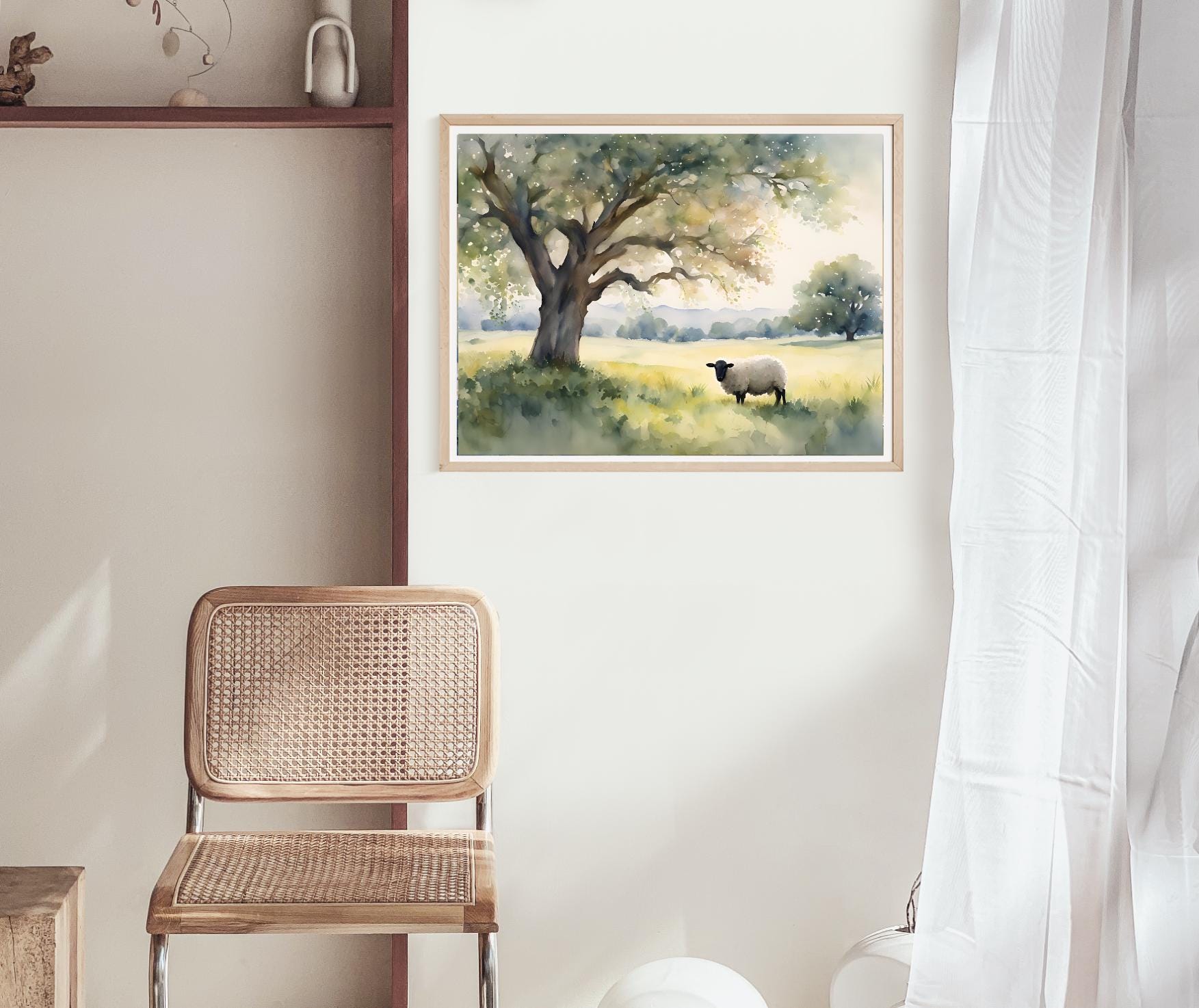 野原の羊の絵画水彩写真オークアートプリント夏の風景水彩写真プリント