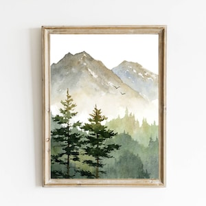 May include: A watercolor painting of a mountain landscape with two pine trees in the foreground. The mountains are a light gray and blue, and the trees are a dark green. The sky is a light blue.