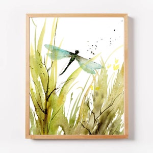 Meadow painting abstract, dragon fly art print, botanical poster, wildflowers wall art, spring green wall art, moody print dragonfly image 8