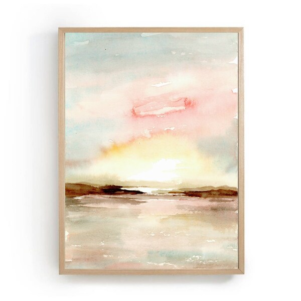 Aquarelle paysage abstrait rose beige marron grand mur art lever du soleil photos salon ciel et terre peinture boho art print