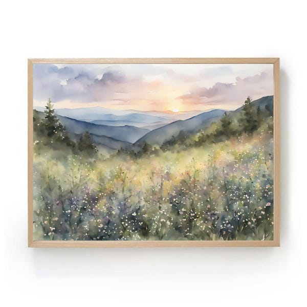 Smoky Mountains painting wildflowers watercolor art print Appalachian Mountains sunset landscape wall art mountain forest prints