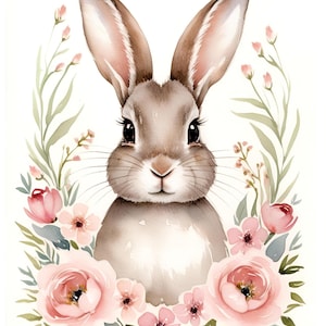 Imágenes de conejito de Pascua, conejo de acuarela y flores, imágenes de acuarela, impresión, decoración de Pascua, póster de conejo, pintura de acuarela, arte de habitación de niña