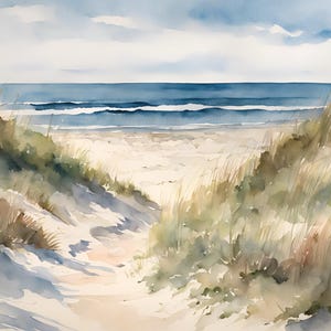 May include: A watercolour painting of a beach scene. It shows a sandy path leading to the sea, with dunes and tall grasses on either side. The sky is a light blue with soft clouds, and the ocean is a darker blue.