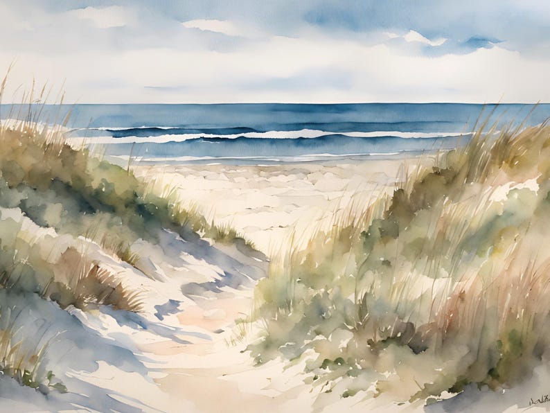 May include: A watercolour painting of a beach scene. It shows a sandy path leading to the sea, with dunes and tall grasses on either side. The sky is a light blue with soft clouds, and the ocean is a darker blue.