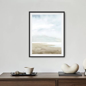 Sea Landscape watercolor painting sea coast wall art coastal home decor light blue beige fine art print minimalist wall art image 4