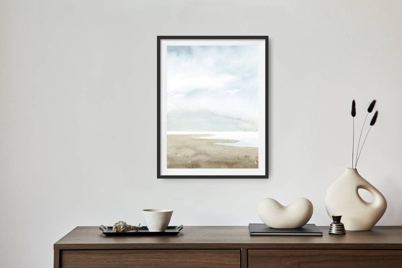 Sea Landscape watercolor painting sea coast wall art coastal home decor light blue beige fine art print minimalist wall art image 4