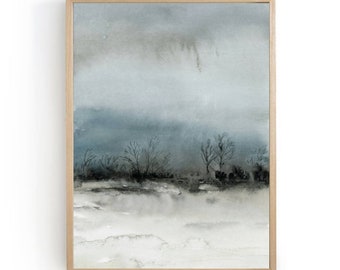 Trees watercolor painting winter landscape large neutral wall art gray blue wall decor forest painting minimalist wall art