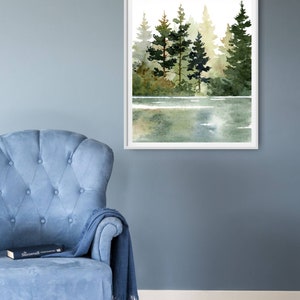 Forest Lake Watercolor Painting Pine Tree Art Prints Minimalist Wall ...