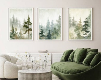 Wall art set foggy forest painting pine tree art prints set of 3 large abstract landscape rustic home decor watercolor print green beige art