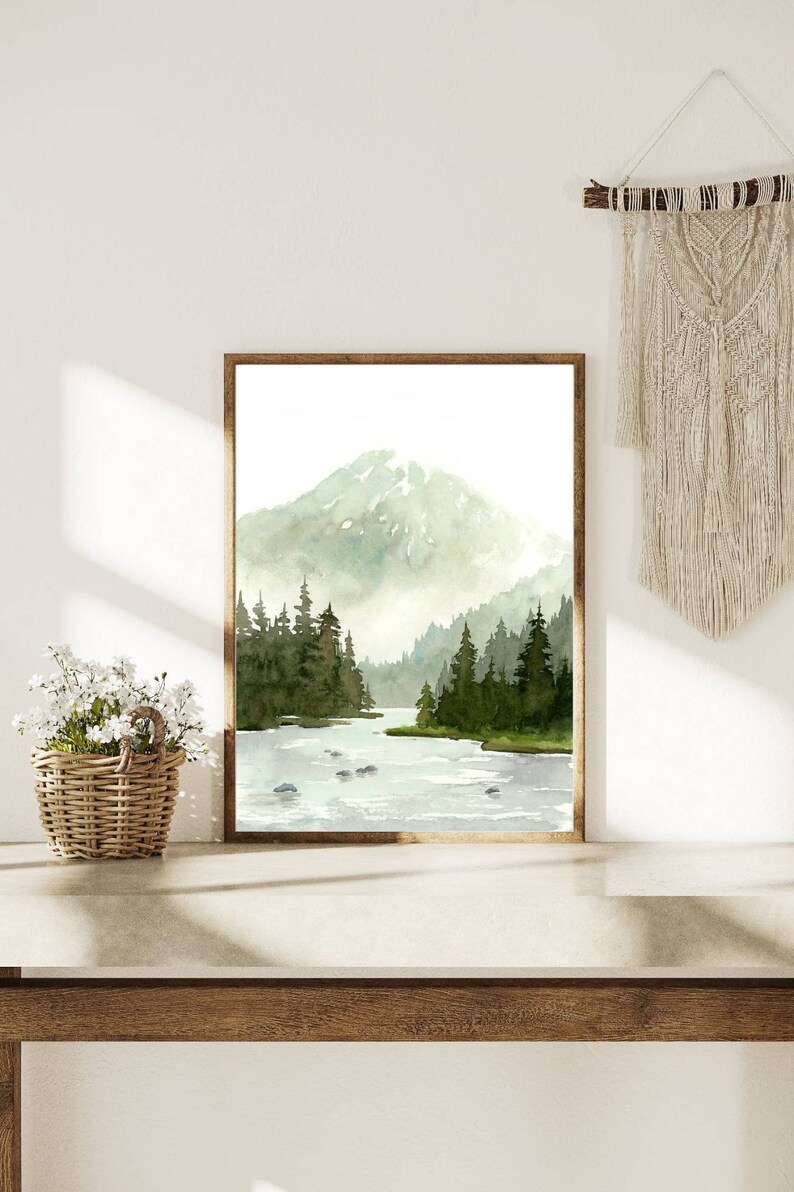 Mountain River Landscape Watercolor Painting Pine Tree Wall Art Neutral ...