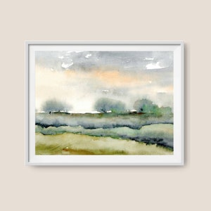 Watercolor landscape art print abstract painting blue green heels wall art panoramic landscape trees painting fine art print evening sky e image 10