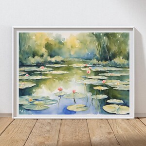 Water Lily Pond Painting Lotus Flowers Watercolor Art Print Landscape ...