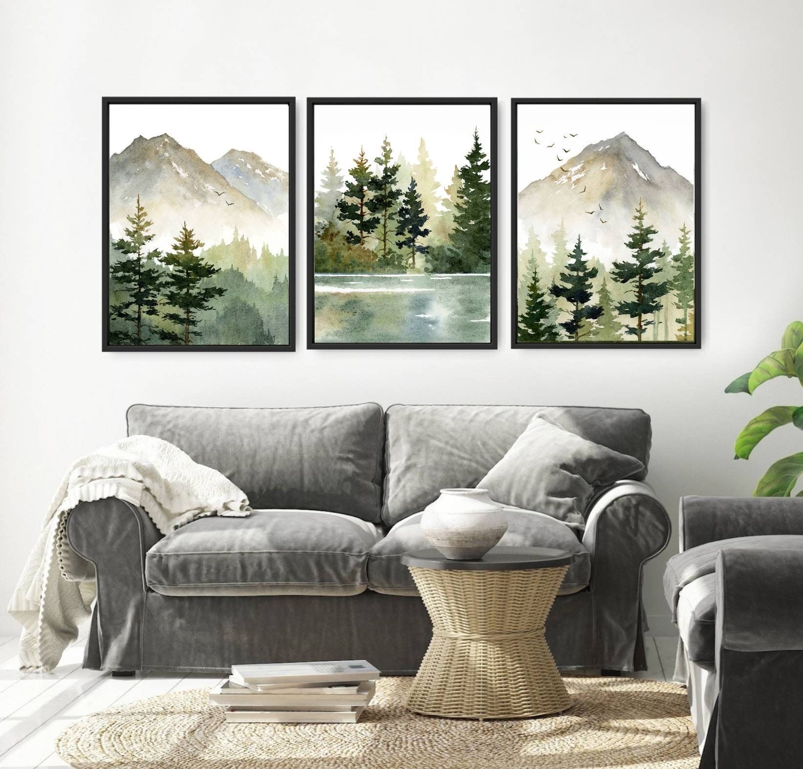 Wall Art Set of 3 Mountain Forest Large Art Prints Pine Tree Painting ...