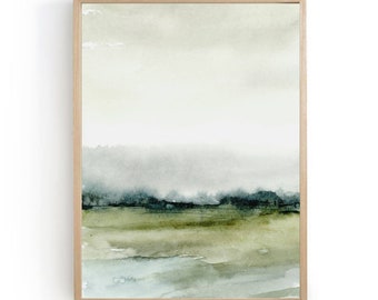 Miniamlist landscape print gray green abstract art watercolor painting large wall art neutral wall decor nature painting