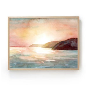Paisaje abstracto atardecer en el lago pintura de acuarela imágenes impresas sala de estar horizontal gran pared arte cartel paisaje marino costa del mar