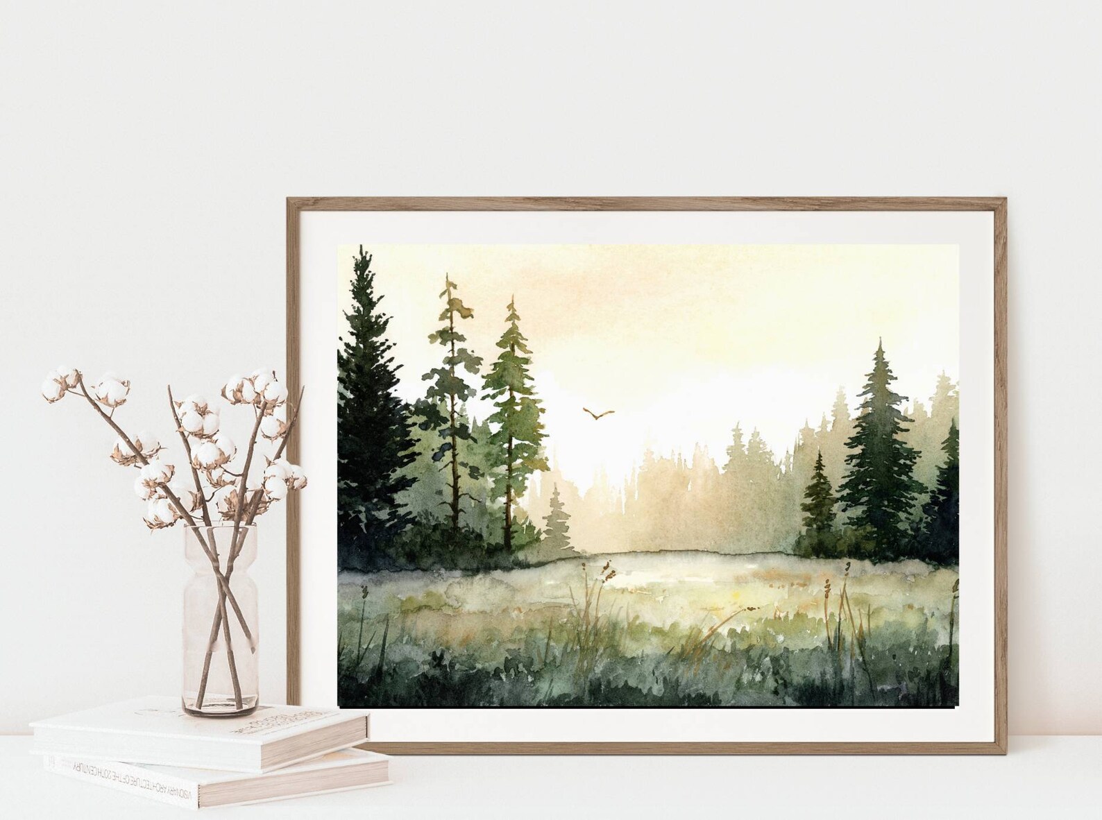Sunrise Forest Wall Art Pine Tree Watercolor Painting Print Large ...