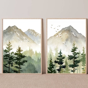 Aquarellbilder Set von 2 Berge Wald Landschaft Kunstdruck Bilder Wohnzimmer Poster Set abstrakte Kunst Wandern Wandkunst grün beige