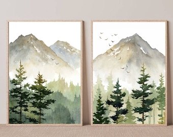 Conjunto de 2 pinturas de acuarela, paisaje de montañas y bosques, impresiones artísticas, póster para sala de estar, arte abstracto, senderismo, arte de pared, verde y beige