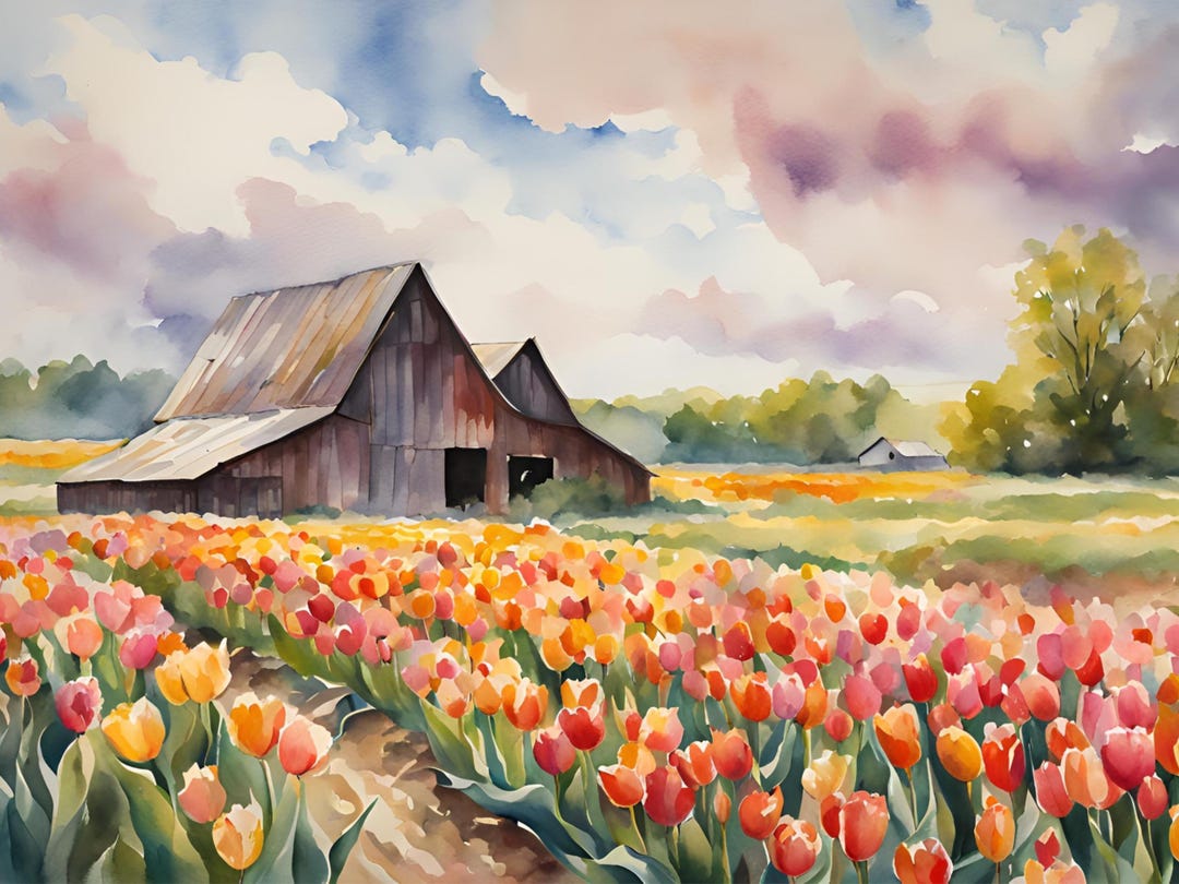Tulip Field Painting Old Barn Art Print Watercolor Spring Landscape ...