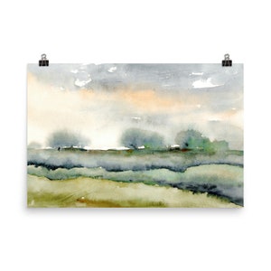 Watercolor landscape art print abstract painting blue green heels wall art panoramic landscape trees painting fine art print evening sky e image 9