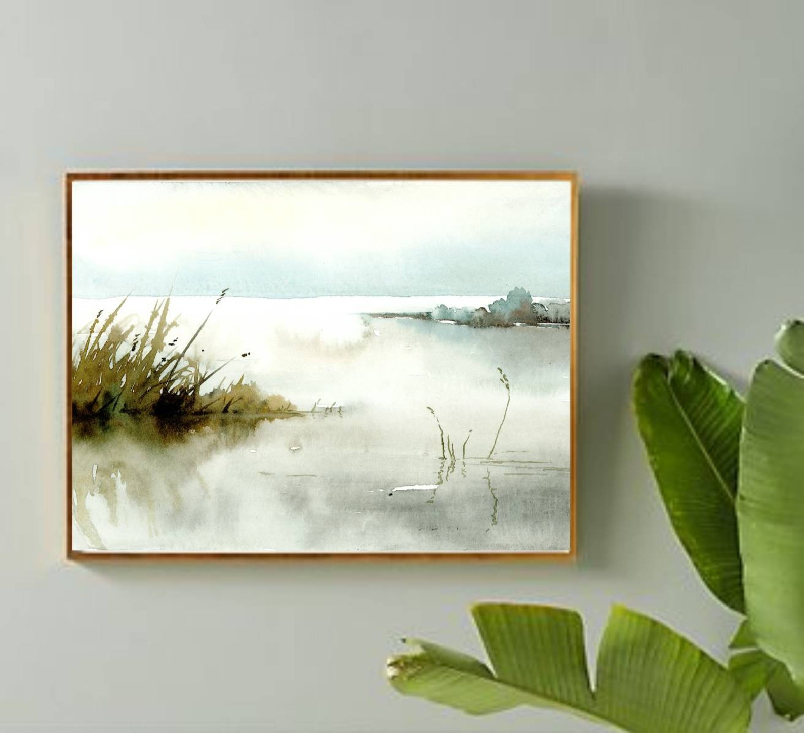 Watercolor Painting Light Blue Landscape Wall Art Sunrise Lake Etsy