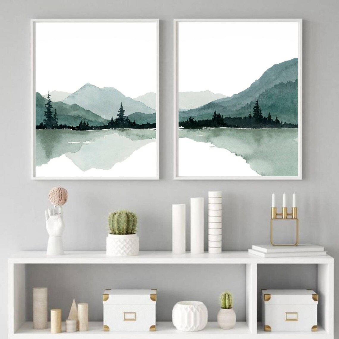 Set of 2 Mountain Lake Watercolor Large Minimalist Art Print Pine Tree ...