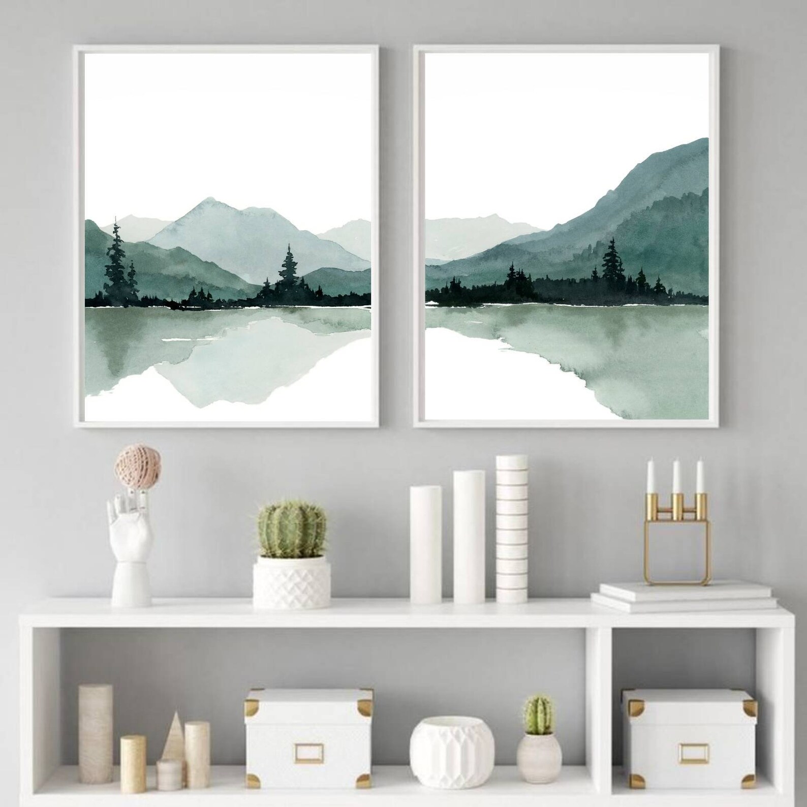 Set of 2 Mountain Lake Watercolor Large Minimalist Art Print - Etsy