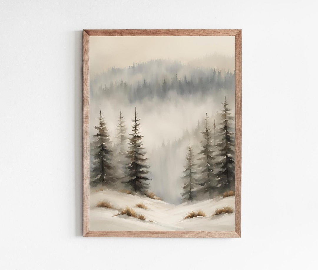 Snowy Mountain Forest Painting Snow Landscape Art Print Winter Wall Art ...