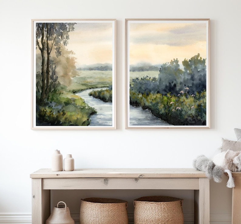 Sunset River Print Set of 2 Watercolor Paintings Landscape Wildflower ...