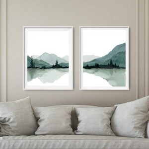 Set of 2 Mountain Lake Watercolor Large Minimalist Art Print Pine Tree ...