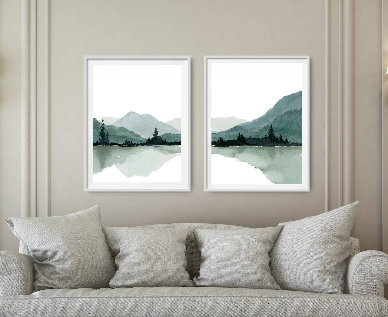Set of 2 Mountain Lake Watercolor Large Minimalist Art Print - Etsy