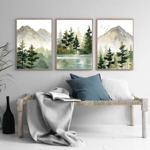 Wall art set of 3 Mountain forest Large art prints Pine tree painting Mountain lake wall art Panoramic landscape sage green beige