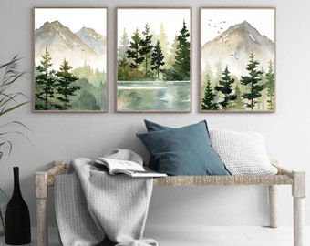 Berg, Skog, Panorama, Landskapsbilder Set med 3 akvarellkonsttryck, Skogsjömålning, Stora väggkonstposters, XXL-bilder för vardagsrum
