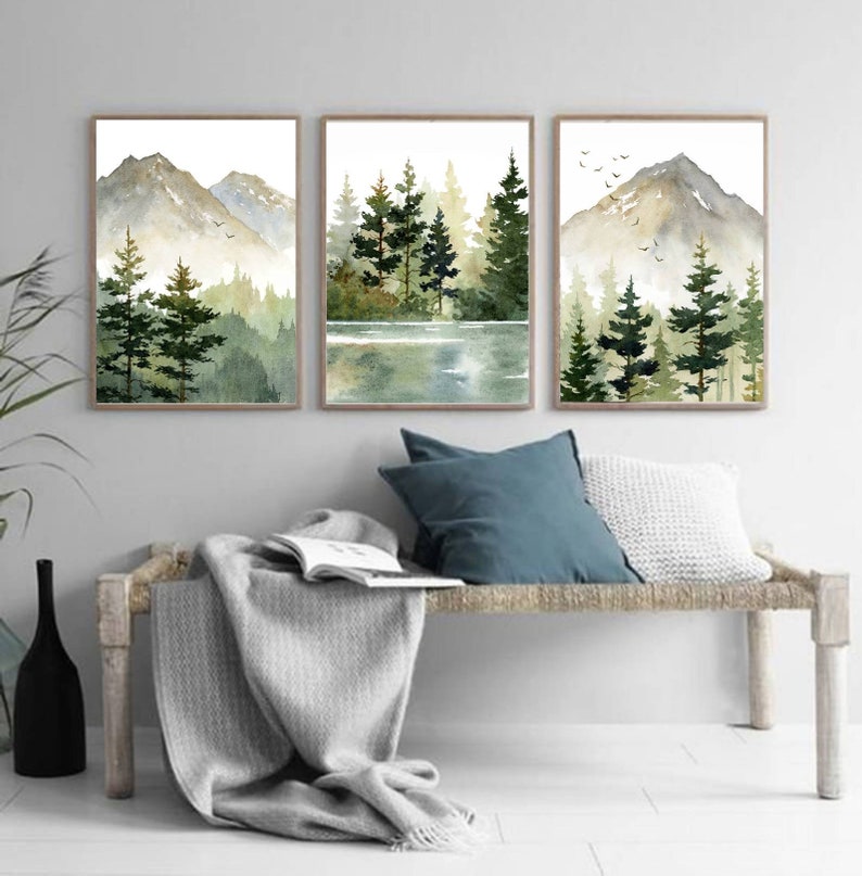 Wall Art Set of 3 Mountain Forest Large Art Prints Pine Tree Painting ...