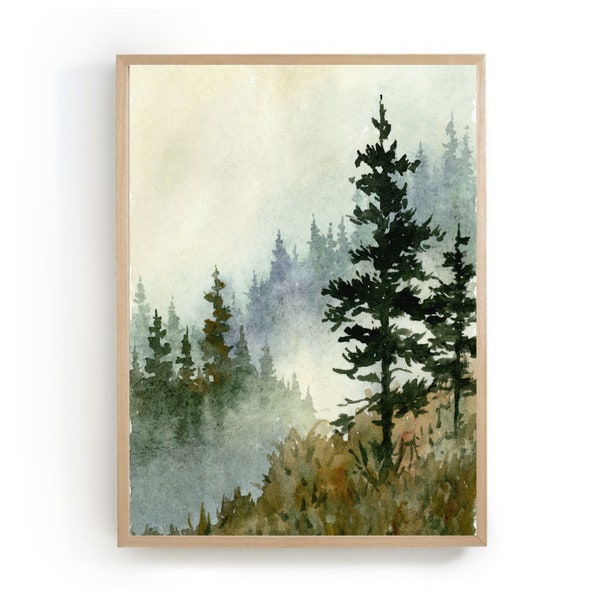 Aquarellbild Poster Berge und Wald Bilder Wohnzimmer abstrakte Landschaft rustikal braun grün kupfer Wandkunst Wandern Bilder