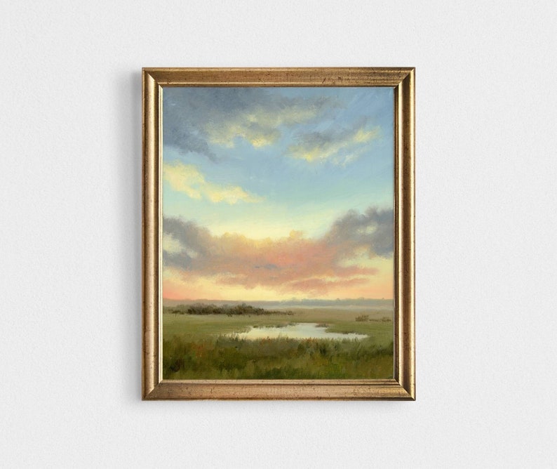 Oil painting sunset fine art print sunset field wall art small landscape cloud painting cloudy sky print countryside landscape image 1