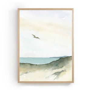 Large ocean painting minimalist seascape large coastal wall art sea coast watercolor fine art print beige blue art minimal sea print