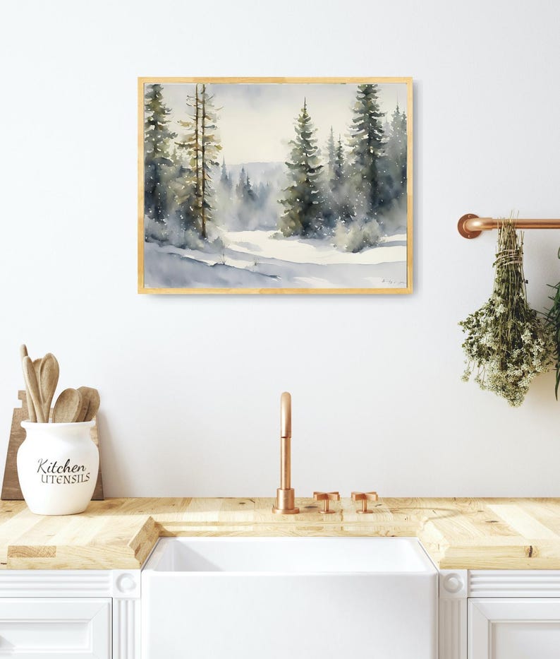 Snowy Pine Tree Forest Print Winter Landscape Watercolor Painting ...