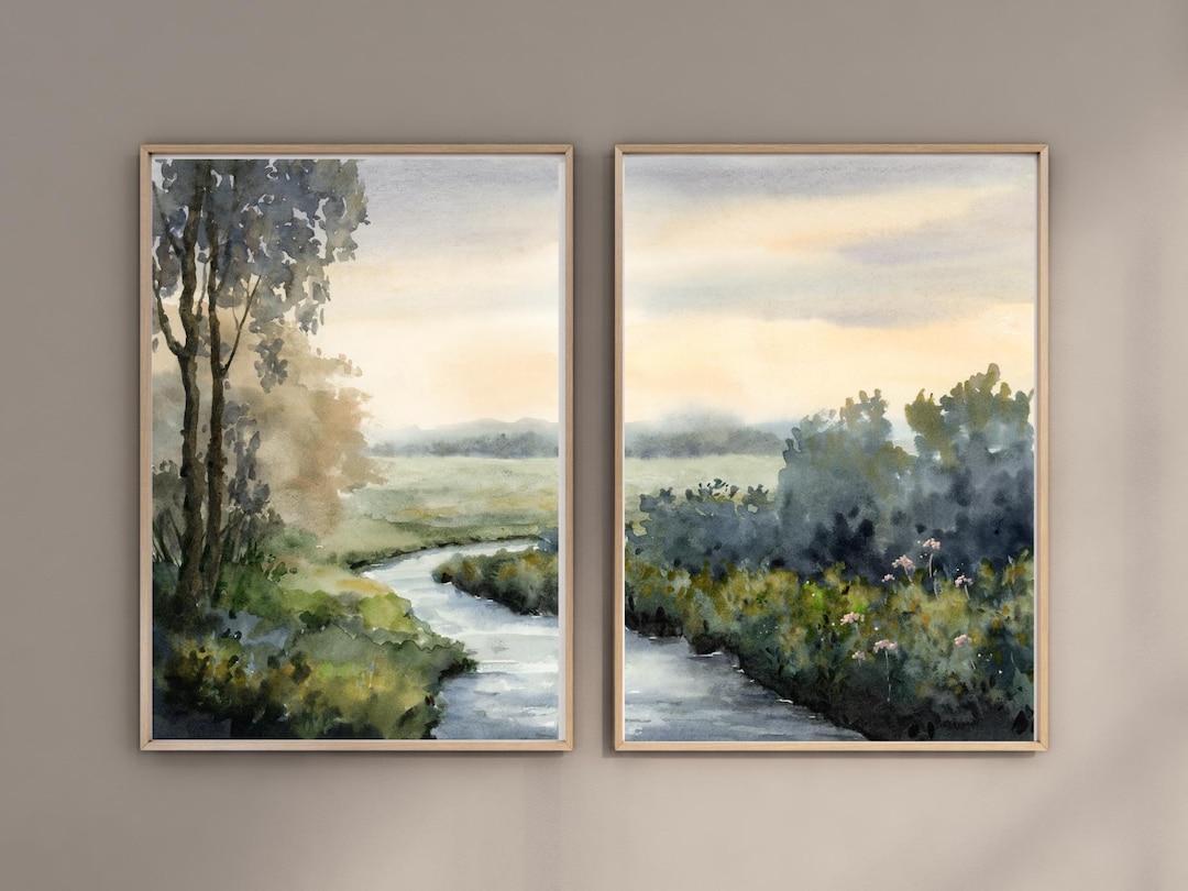 Sunset River Print Set of 2 Watercolor Paintings Landscape Wildflower ...