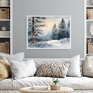 Snowy Pine Tree Print Mountain Forest Wall Art Winter Landscape ...