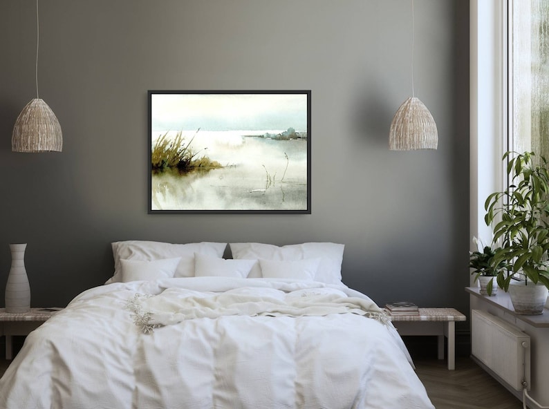 Watercolor Painting Light Blue Landscape Wall Art Sunrise Lake Painting ...